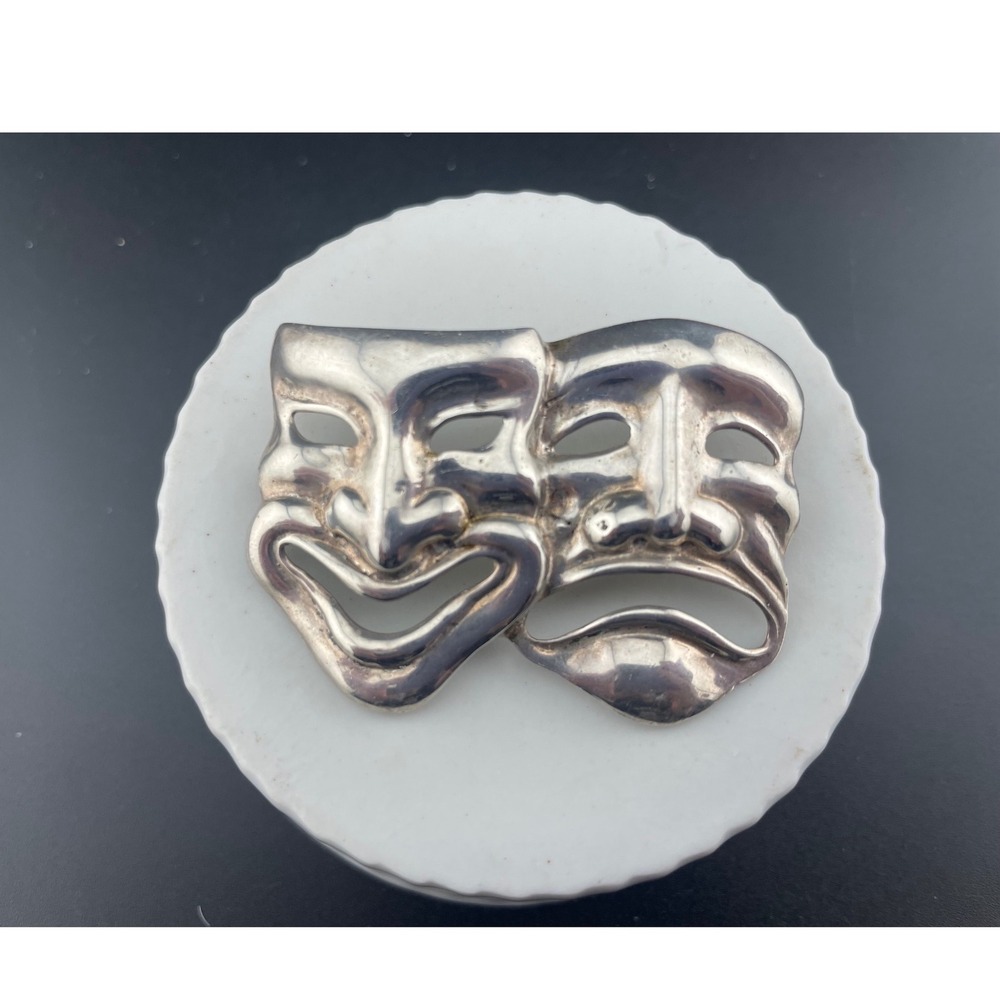 Vintage Sterling Silver Comedy Tragedy Mask‎ Brooch 1950's Theater Pin statement